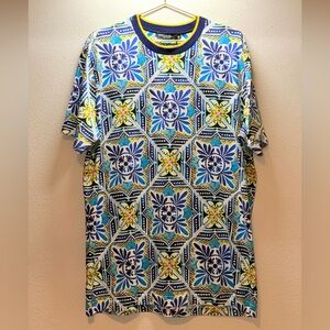 Dolce & Gabbana Blue Floral Tile-Print Short Sleeve Tee